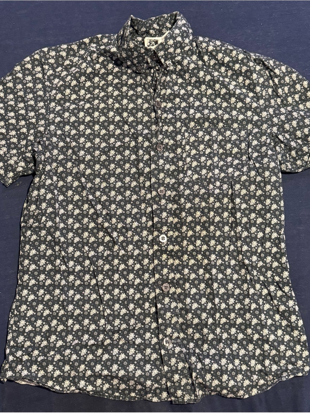 Men's Small Navy Floral Short-Sleeve Button-Up Shirt All-Over Print Kennington